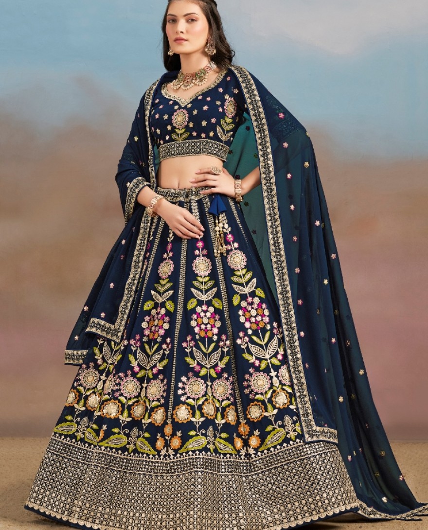 6008-BLUE - Stunning blue Thread Work Georgette Engagement Wear Lehenga With Blouse